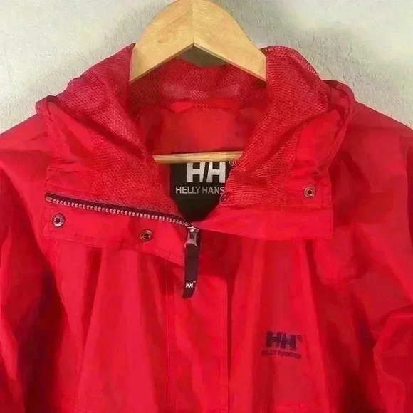 Helly Hansen Rain Jacket Windbreaker Red Hooded Vented Packable Men’s Size Small - Picture 2 of 11
